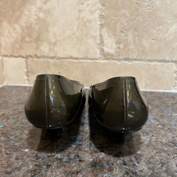 Prada Metalic Green Patent Leather Loafer Kitten Heels - Picture 4 of 9